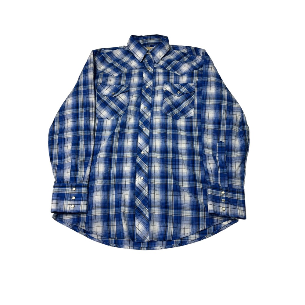 Wrangler Western Shirt Mens Medium Blue White Plaid Pearl Snap Long Sleeve